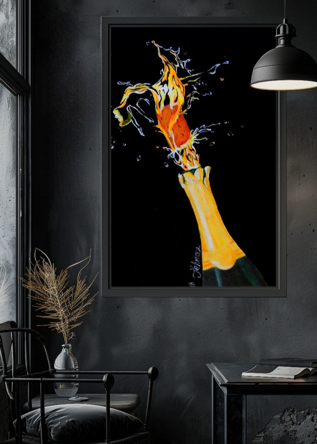 Framed abstract artwork of a colorful bottle on a dark wall. Original artwork of a champagne pottle popping the cork and golden hues of champagne coming out which then takes the shape of a female form diving through with champagne. Art decor wall art. Modern decorations.