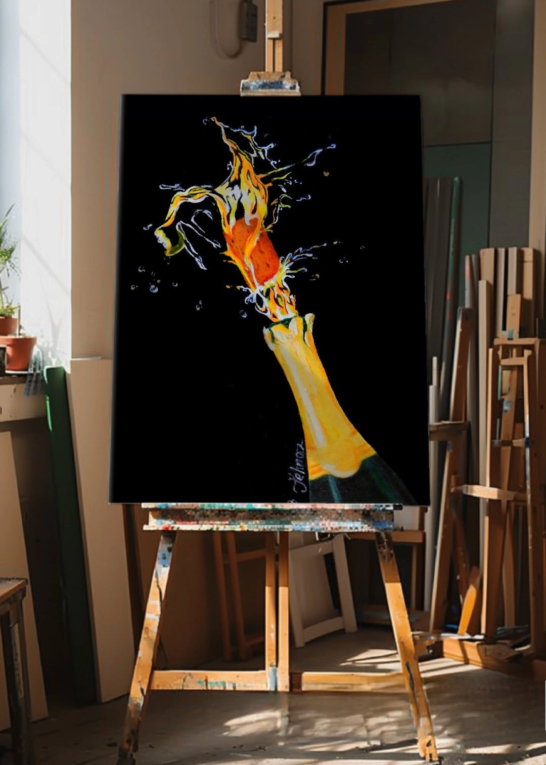 Original artwork of a champagne pottle popping the cork and golden hues of champagne coming out which then takes the shape of a female form diving through with champagne. Art decor wall art. Modern decorations.